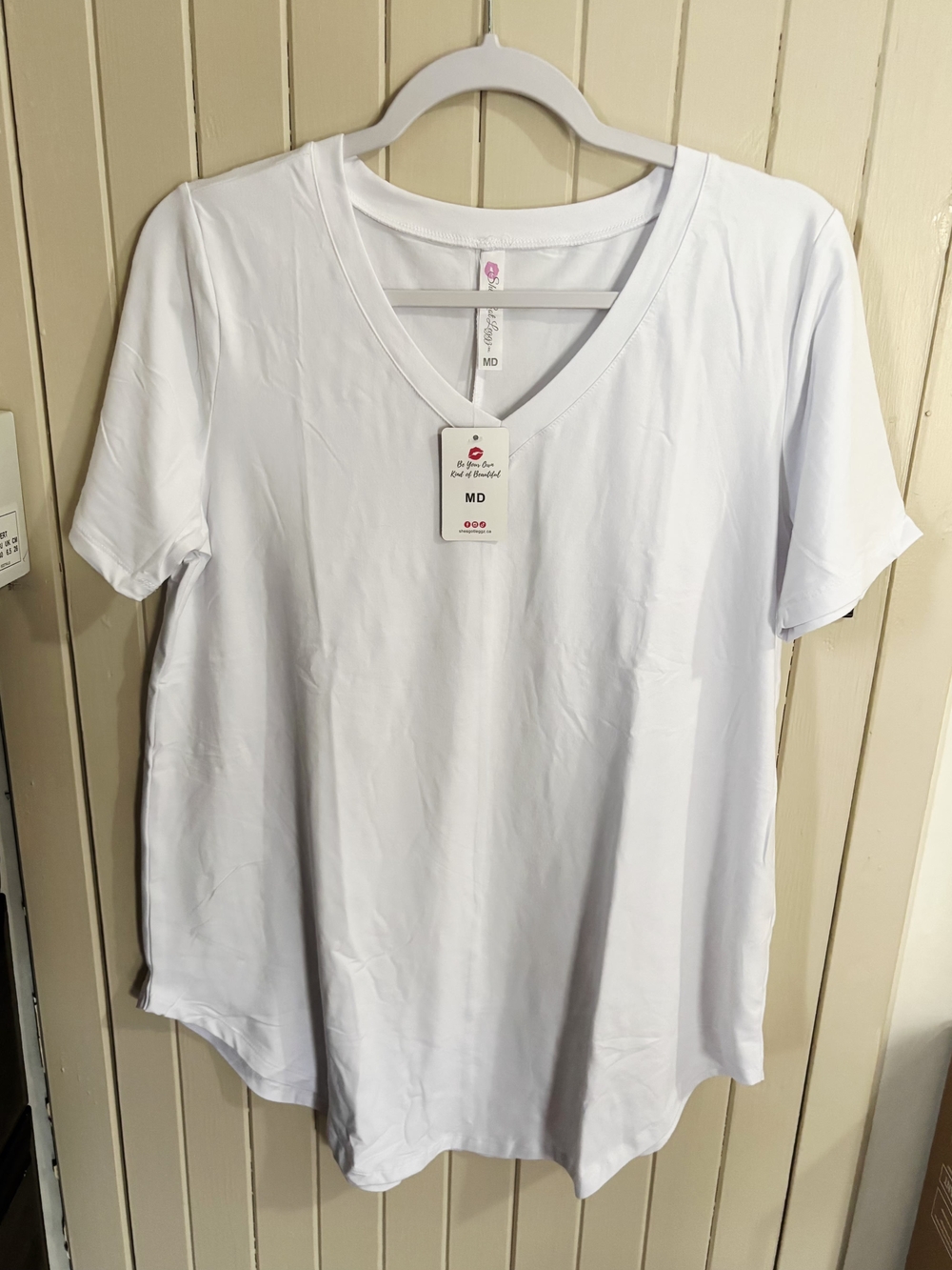 Women's White V-Neck Short Sleeve Tee - MD